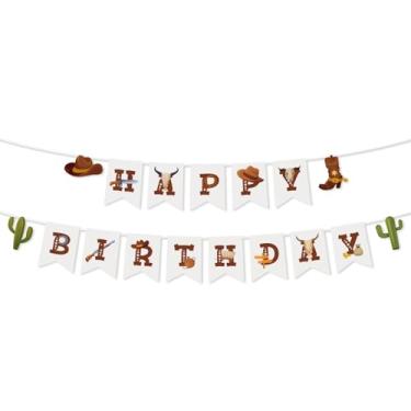 Imagem de Fukaisu Faixa de Feliz Aniversário com Tema Cowboy Ocidental, Chapéu e Botas Pré-Enfiados para Decoração de Festa Retrô Velho Oeste Rodeio para Suprimentos Festa