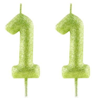 Imagem de FUNCANDLE Velas de aniversário verdes brilhantes de 6 cm, vela número 11, velas de feliz aniversário de 11 anos para decoração de festa de aniversário de meninas e meninos