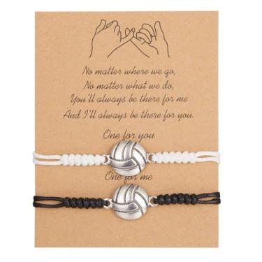 Imagem de SANQINGER Conjunto de pulseiras para fãs de esportes, pulseiras trançadas com pingente de vôlei, presentes para aniversário e amizade (preto e branco)