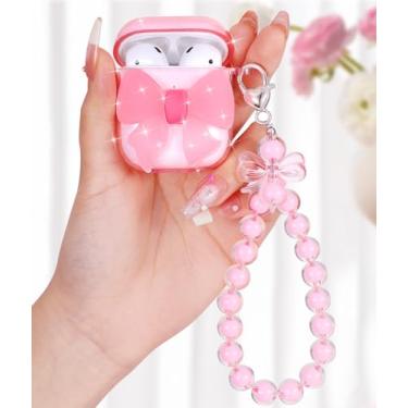 Imagem de Boaretiu Capa para Airpods 2/1 para mulheres meninas e meninas fofo Kawaii - Capa feminina elegante com design de laço grande com mosquetão e para Air pods 2ª/1ª
