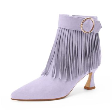 Imagem de Perisis Botas femininas com franjas, salto gatinho, preto, bico fino, camurça, cano curto, com zíper lateral, Roxo claro, 38