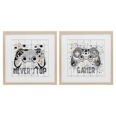 Imagem de Stupell Industries Gamer Words with Modern Pixels 2 peças Impressão emoldurada de bétula conjunto sob vidro, design por Kim Allen, 13 x 13