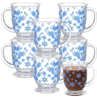 Imagem de Sliner 6 peças Canecas de Natal Floco de Neve Boneco de Neve Copos de Café Transparente com Alça 425 g Caneca de Café de Vidro para Chocolate Cacau Presente de Natal (Azul, Floco de Neve)