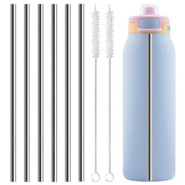 Imagem de Canudos de metal de substituição para acessórios Ello Pop & Fill 946 ml, 6 peças reutilizáveis de aço inoxidável com 2 escovas de limpeza, compatível com garrafa de água Ello