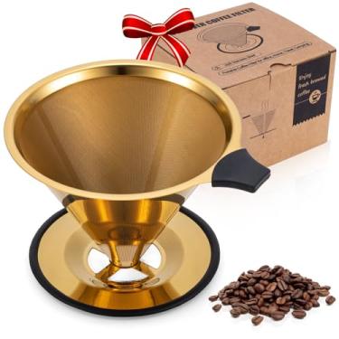 Imagem de INSINTAR Gotejador de café, filtro de café reutilizável de aço inoxidável com base e alça antiderrapantes, cafeteira sem papel (ouro titânio)