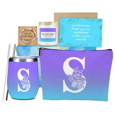 Imagem de SAPEYKR Conjunto de pulseiras de vela vela com monograma azul inicial S, presentes de aniversário para mulheres, mãe, melhor amiga, menina, tia, irmã, agradecimento de Natal, enfermeira, chefe, dia