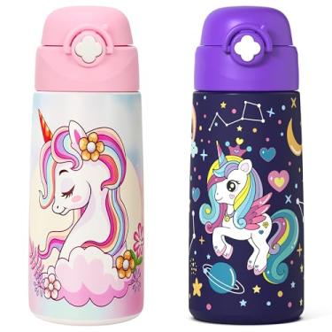 Imagem de Garrafa de água isolada para meninas com canudo pop-up coberto, copos infantis de 473 ml com aço inoxidável à prova de vazamento para escola (pacote com 2, unicórnio + unicórnio)