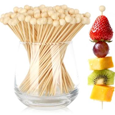 Imagem de 200 peças de palitos de coquetel de bola de madeira, palitos de dente extravagantes de 12 cm para aperitivos, espetos decorativos de bambu, varas de comida para bebidas, sanduíche, frutas, suprimentos