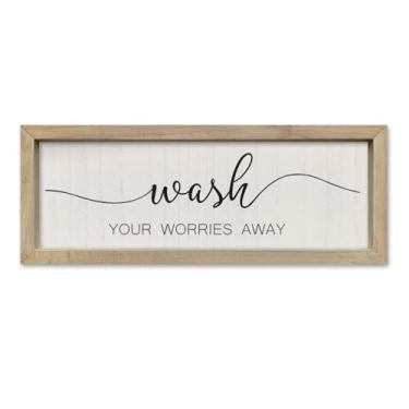Imagem de SRSZHIYUE Placa Wash Your Worries Away para decoração de parede de lavanderia 40 cm × 15 cm, moldura de madeira, arte para pendurar na parede (madeira)