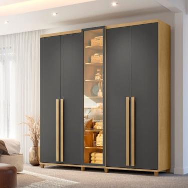 Imagem de Guarda-roupa Casal com 6 Portas 3 Gavetas Led e Porta com Vidro Reflecta Austria Cinamomo/Grafite
