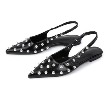 Imagem de MELGONMG Sandália feminina de couro cravejado com tira elástica no tornozelo para caminhadas e compras Y2K, Preto, 35