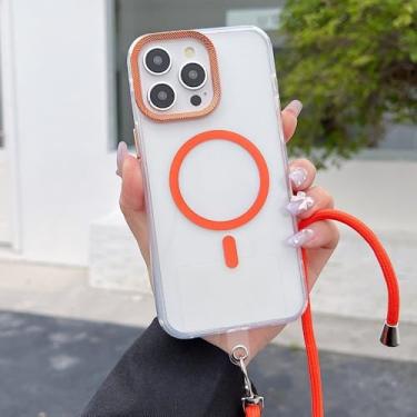 Imagem de Capa transparente magnética para iPhone 17 16 15 11 12 13 14 Pro Max com alça transversal, cordão e função anti-perda, laranja, para iPhone 16e