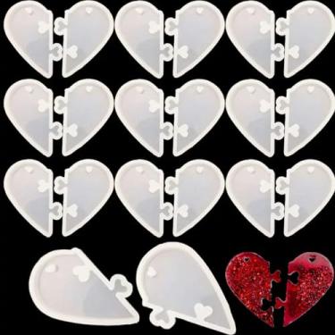 Imagem de 10 pares de chaveiros de quebra-cabeça de coração, moldes de silicone, pingente para amantes, molde de fundição de resina, dia dos namorados, molde de resina em forma de coração com orifício para o