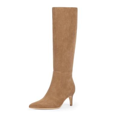 Imagem de QIY Botas de cano alto femininas cano alto bico fino salto gatinho botas femininas com zíper lateral botas longas de outono botas de cano alto tamanho 6-11, Camurça bege, 37