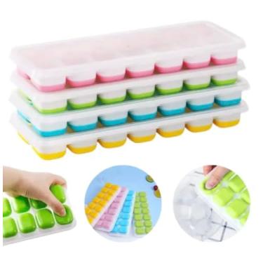 Imagem de Forma de Gelo com Tampa Flexível Silicone, 14 Cubos, Kit com 4 Unidades, Colorido