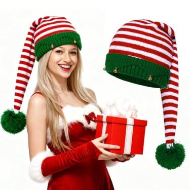 Imagem de Breffima Gorro de crochê de cauda longa de elfo de Natal, vermelho, verde e branco, para adultos, mulheres, homens, fantasia de elfo, cosplay