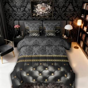 Imagem de Jogo de cama queen damasco preto em uma bolsa, 7 peças | Conjunto de cama boêmio com estampa de textura dourada cinza de luxo, decoração antiga, gótica vintage, floral, gótica vitoriana