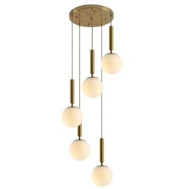 Imagem de Lustre de 5 Globos com Luminárias Douradas, Luminária Pendente Moderna em Vidro Leitoso, Grande Luminária Pendente Redonda para Ilha de Cozinha, Lustres Contemporâneos para Hall de Entrada