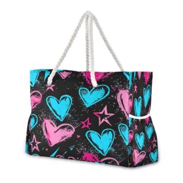 Imagem de Wassud Bolsa de praia feminina grande com estrela e coração, impermeável, à prova de areia, bolsa de viagem com zíper e bolso para piscina, academia, acampamento