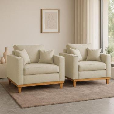 Imagem de Kit 2 Poltrona Sofa Benny com Almofada Linho Base de Madeira Castanho 