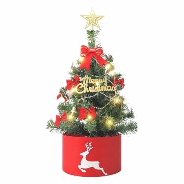 Imagem de Mini árvore de Natal artificial de 60 cm, árvores de Natal artificiais verdes com saia de árvore, bolas e luzes de LED, decorações de Natal de mesa para casa, escritório, quarto, festa (bateria não