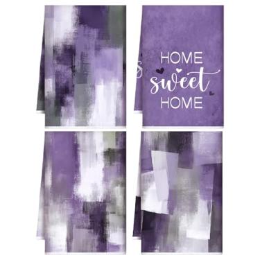 Imagem de Geyoga 4 peças de toalhas de prato de cozinha de mármore douradas, toalhas de mão de banheiro absorventes para Natal, inverno, cozinha, acessórios de decoração de banheiro, presentes (roxo, moderno)