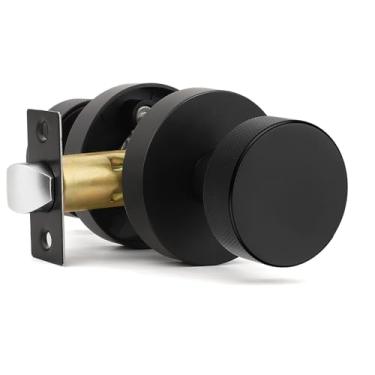 Imagem de Orger Puxadores de porta de passagem pretos foscos interiores, maçanetas de porta de armário pretas sem chave de liga de zinco, maçanetas modernas de base redonda serrilhada resistente para corredores