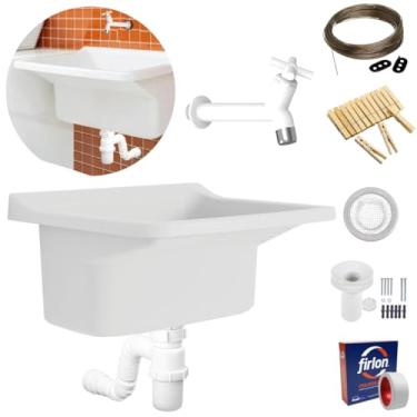 Imagem de Tanque Lavanderia 22L Branco + Sifão Copo Sanfonado + Veda Rosca + Torneira Branca + Varal em Aço + Prendedor + Ralo