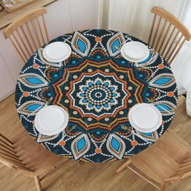 Imagem de OHIKUETY Toalha de mesa redonda mandala boêmia com elástico – toalha de mesa redonda de plástico de vinil, capa de mesa à prova d'água para uso ao ar livre, para pátio, serve de 114 a 127 cm