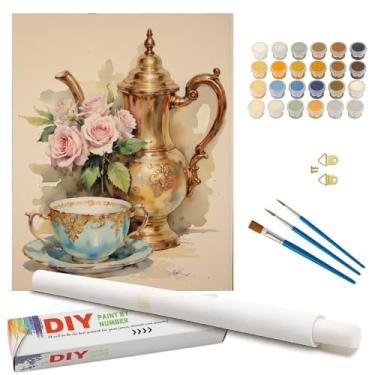 Imagem de Kit de pintura de rosas Tea Time por números para adultos – DIY Bule de chá e copo pintura em tela enrolada 40,6 x 50,8 cm, conjunto de tinta acrílica, para iniciantes, ideal para decoração de casa ou