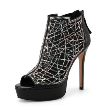 Imagem de Perisis Sandálias femininas de salto alto stiletto com strass brilhante, plataforma, festa noturna, verão, moderno, botins no tornozelo com zíper, Preto, 40
