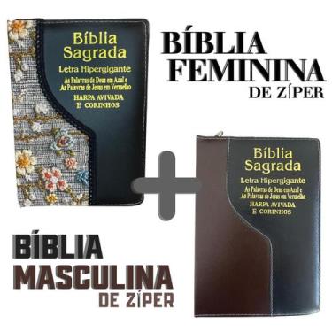 Imagem de KIT Bíblias com Harpa de Zíper Casal Cristão Letra Hiper gigante e Índ