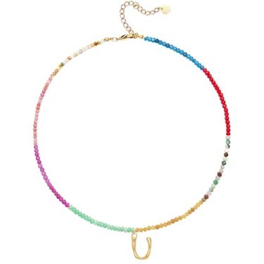 Imagem de MEVOME Colar feminino com contas com inicial de pedras, semipreciosas, boho, pedra semipreciosa, banhado a ouro 18 K, arco-íris, colorido, moderno, alfabeto, gargantilha delicada, joia feminina para
