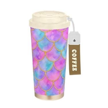 Imagem de Caneca de café de viagem de 473 ml com tampa de canudo e filp, copo de café de viagem de aço inoxidável à prova de vazamento para escritório, escola, festa, acampamento, escama sereia gradiente, rosa