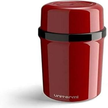 Imagem de Garrafa termica pequena, com tampa, conservando a temperatura, vermelha e leve