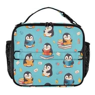 Imagem de Joisal Lancheira fofa de pinguins azul-petróleo para meninas mulheres lancheira infantil masculina lancheira para trabalho bolsa térmica macia isolada com alça de ombro ajustável