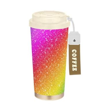 Imagem de Caneca de viagem de café 40 ml com revestimento cerâmico, caneca de café de aço inoxidável com tampa e canudo, copo isolado a vácuo, arco-íris gradiente roxo rosa