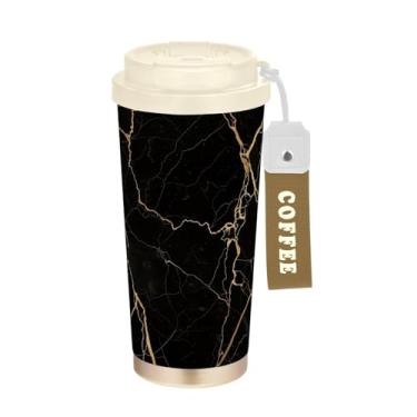 Imagem de Caneca de viagem de café 40 ml com canudo e tampa, copo de café de viagem de aço inoxidável à prova de vazamento para escritório, escola, festa, acampamento, mármore preto clássico, veia dourada
