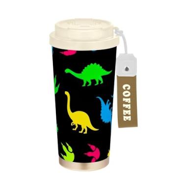 Imagem de TSENQUE Copo para caneca de café de viagem de 473 ml, copo de café com revestimento cerâmico com tampa e canudo, copo isolado a vácuo de aço inoxidável, pegadas coloridas de dinossauro preto