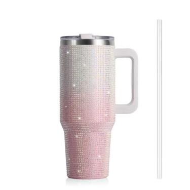 Imagem de Copo Térmico Inox com Diamantes 1182ml, Anti-Vazamento com Tampa e Canudo(Branco Rosa)