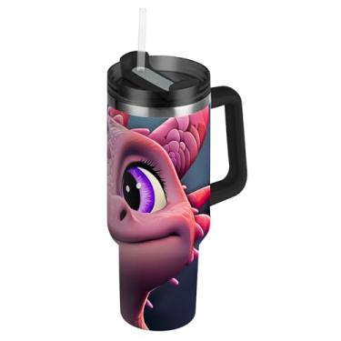 Imagem de Copos de aço inoxidável com tampa e canudos, linda garrafa de água de dragão rosa para copo de carro copo à prova de vazamento com alça garrafas de água isoladas de 850 g