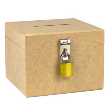 Imagem de Cofrinho de Madeira Em Mdf Cofre Com Furo Para Notas Moedas e Fecho Para Cadeado(QUADRADO + CADEADO)