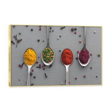 Imagem de NHLDZYH Moldura dourada. Arte de parede em tela de especiarias coloridas e colher de tempero | Decoração de cozinha vintage | Arte moderna para casa e sala de jantar. C32. 50 x 75 cm - 19,7 x 29,6 pol
