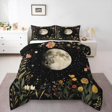 Imagem de jejeloiu Conjunto de cama boêmio e lua, macio, para meninos e meninas, jardim, floral, floral, tamanho queen, botânico, tema natural, edredom de microfibra, decoração de quarto, 3 peças com 2 fronhas