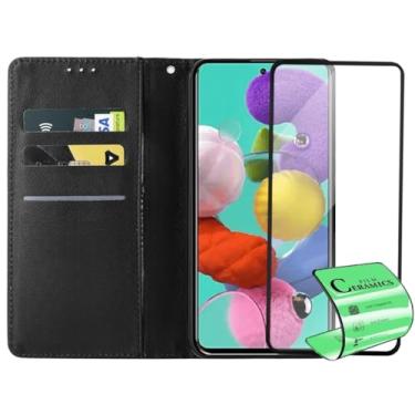 Imagem de Capa Carteira Flip Case para Samsung Galaxy A51 com Película Protetora Cerâmica Premium, Suporte Ajustável, Cobertura total da tela, Preto