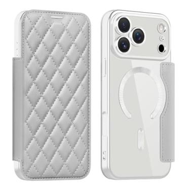 Imagem de SFDSUH Capa carteira de couro resistente a impactos para iPhone 16 com porta-cartões, carregamento sem fio e sistema magnético (para iPhone 16/cinza)