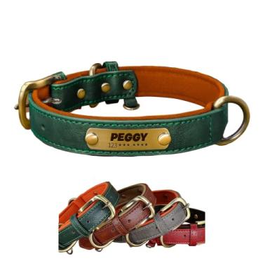 Imagem de MEMOPAW Coleira de couro personalizada com nome de animal de estimação e número de telefone verde cinza vermelho marrom colarful PP pequeno médio grande 5 tamanhos