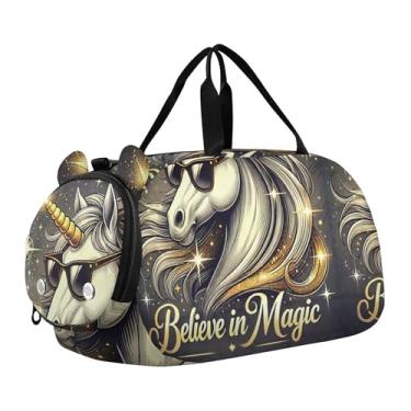 Imagem de Bolsa esportiva para meninos, bolsa de viagem com olhos verdes de coruja roxa para crianças, Unicórnio brilhante dourado, Clássico