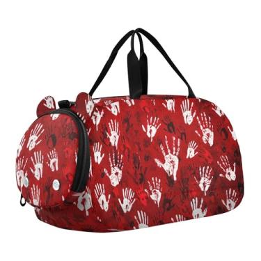 Imagem de Bolsa esportiva para meninos com desenho animado colorido de gatos rosa vibrante durante a noite para meninas para viagem, academia, bagagem infantil, Estampa branca à mão vermelha, Clássico