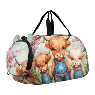 Imagem de Bolsa esportiva escocesa Highland com flores de vaca para meninas, bolsa de viagem noturna, compartimento de sapatos para meninos, Lindo jardim de bezerro Highland, Clássico